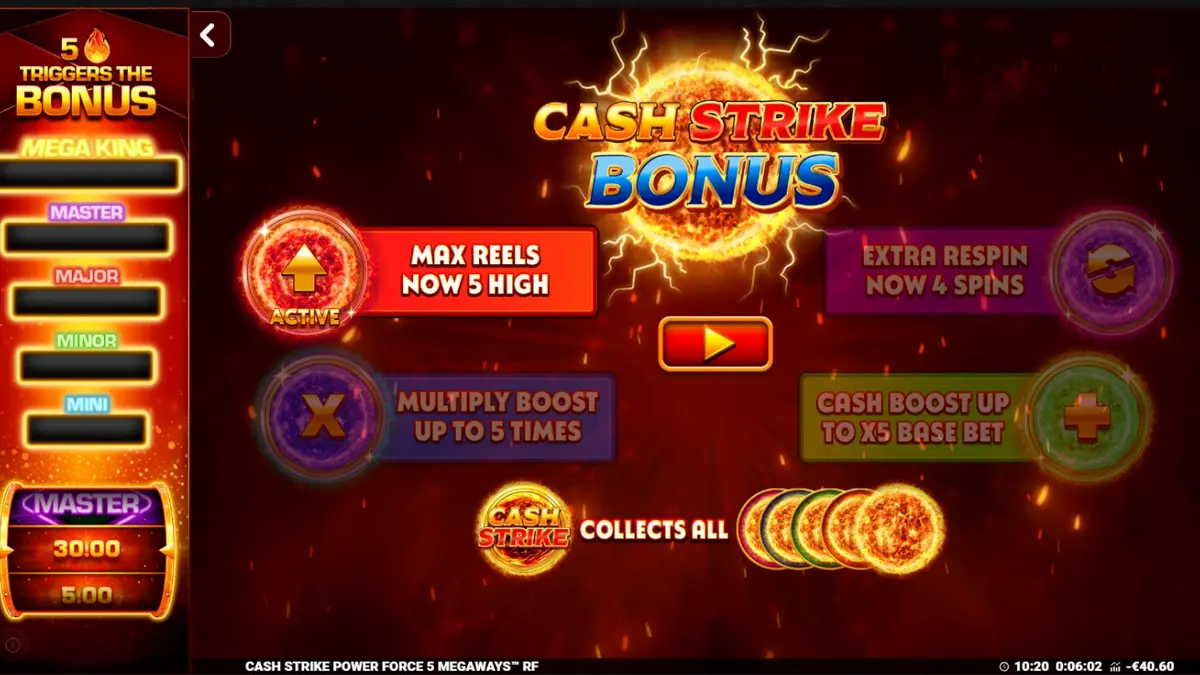 Interface do jogo Cash Strike Power Force 5 Megaways com símbolos de frutas e painel de coleta.
