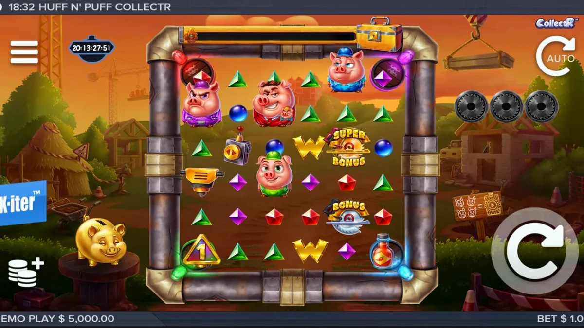Interface do jogo de slot Huff n Puff CollectR com personagens porquinhos e elementos de construção.